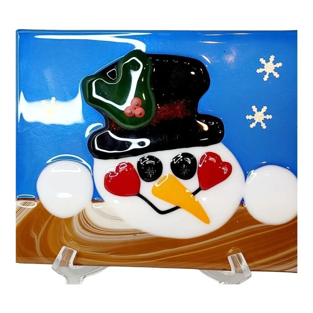 Handpainted Snowman Christmas Fused Art Glass Plate‎ Trivet Signed